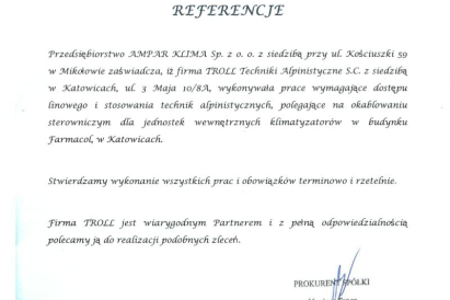 Ampar Klima - okablowanie sterownicze dla jednostek wewnętrznych klimatyzatorów w budynku Farmacol w Katowicach.