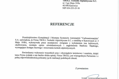 Carboautomatyka - prace montażowe związane z wyłożeniem tras kablowych, okablowania, montażu opraw oświetleniowych i nagłośnienia Stadionu Śląskiego.