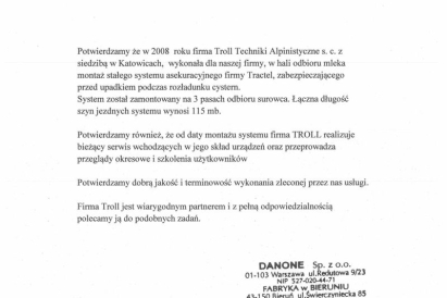 Danone - montaż stałego systemu asekuracyjnego firmy Tractel, zabezpieczającego przed upadkiem z wysokości.