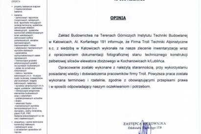ITB - inwentaryzacja wraz z opracowaniem dokumentacji fotograficznej stanu technicznego konstrukcji żelbetowe silosów elewatora zbożowego.