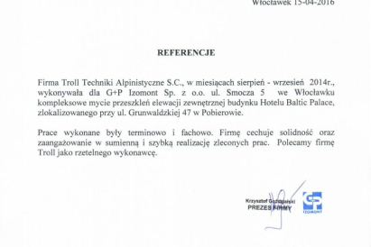 Izomont - kompleksowe mycie przeszkleń elewacji budynku Hotelu Baltic Palace w Pobierowie.