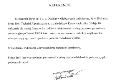 Mleczarnia Turek - montaż stałego, szynowego systemu asekuracyjnego Tractel FABA AW1 wraz z opracowaniem instrukcji użytkownika zabezpieczającego przed upadkiem z wysokości.