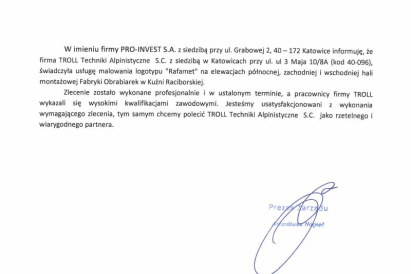 Pro Invest - malowanie logotypu "Rafamet" na elewacji hali montażowej Fabryki Obrabiarek w Kuźni Raciborskiej.