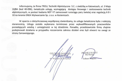 Przedsiębiorstwo Usług Naukowo-Technicznych "Pro Novum" - badania NDT VT zamocowań rurociągu pary świeżej oraz regulacja K-9 i 10 na terenie ENEA Wytwarzanie Sp z o.o. w Kozienicach.