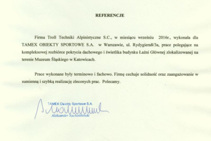 Tamex - prace polegające na kompleksowej rozbiórce pokrycia dachowego i świetlika budynku Łaźni Głównej, zlokalizowanej na terenie Muzeum Śląskiego w Katowicach.