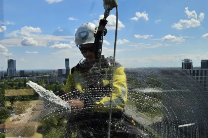 Alpinista przemysłowy czyści szybę biurowca na dużej wysokości przed wyklejeniem folii.